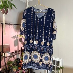 HALIFE Navy Blue‎ Floral Print Tassel Tie Neck 3/4 Sleeve Dress